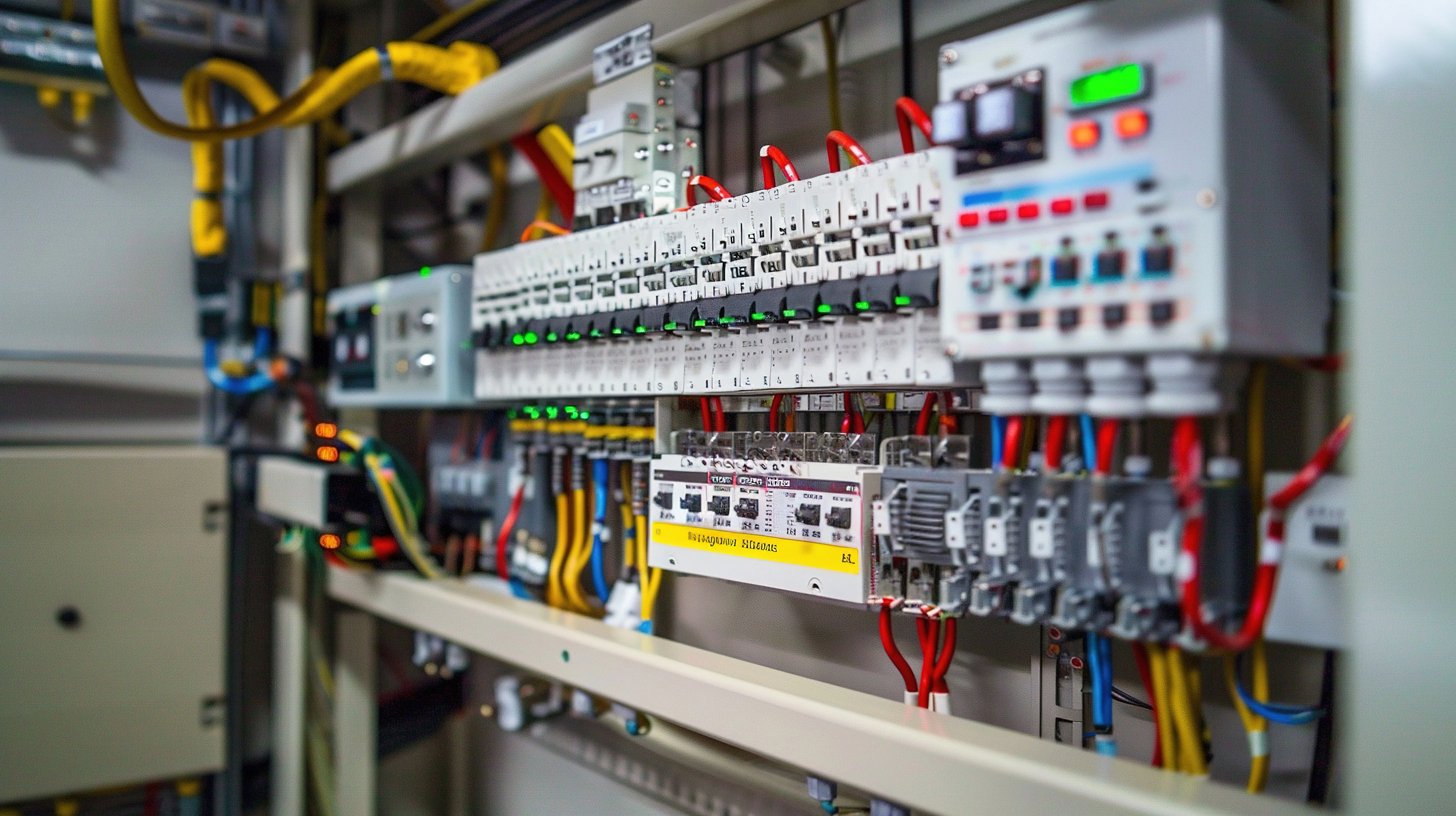 Industrial electrical control cabinet with wiring and indicators